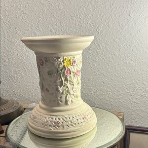 Floral Embossed Cream Pedestal Candle Holder